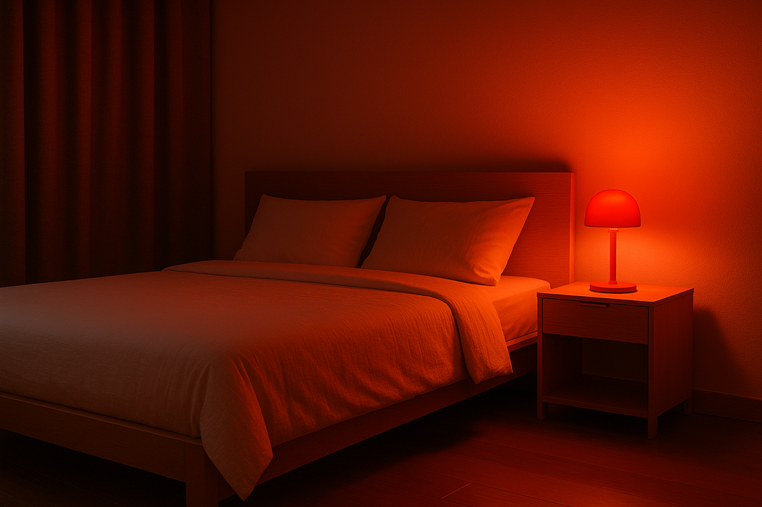 Habitación iluminada con luz roja cálida y bombilla circadiana Somnus Pro sobre la mesilla