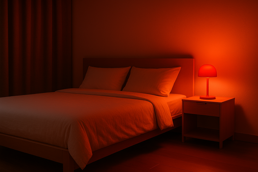 Habitación iluminada con luz roja cálida y bombilla circadiana Somnus Pro sobre la mesilla